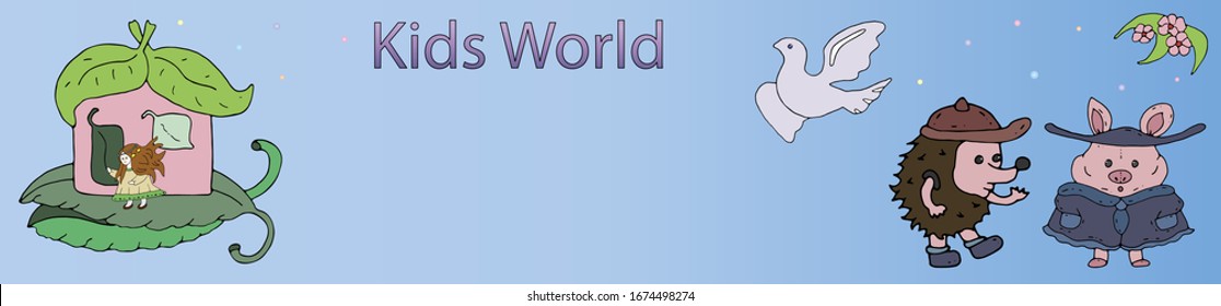 Banner horizontal dibujado a mano por Kids World vector. Casa rosa bajo hojas verdes y pequeña princesa. Cerdo vestido de caricatura y erizo. La cocina y las flores. С fondo de concepto joven con lugar para texto.
