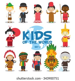 Kids of the world vector illustration: Nationalities Set 2. 12 characters in national costumes (Germany, UK, Spain, Morocco, Kenya/Masai, Japan, Cambodia, USA, Jamaica, Ecuador, Brazil and Greenland).