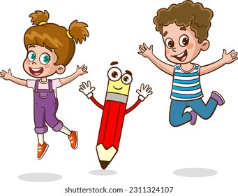 kids writing with a big pen cartoon vector