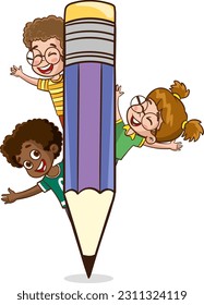 kids writing with a big pen cartoon vector