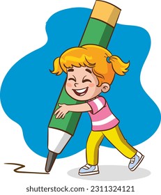 kids writing with a big pen cartoon vector