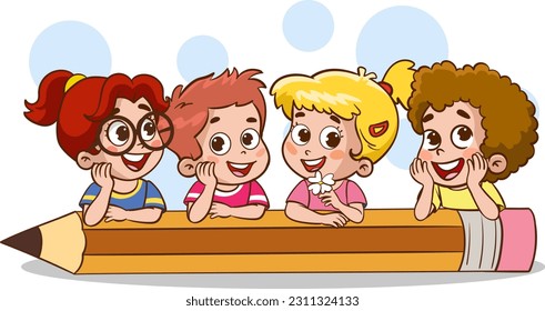 kids writing with a big pen cartoon vector