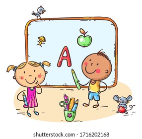 Kids writing on board, learning letters, you can insert your own image into the frame, vector illustration