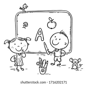 Kids writing on board, learning letters, you can insert your own image into the frame, outline vector illustration