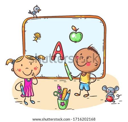 Kids writing on board, learning letters, you can insert your own image into the frame, vector illustration