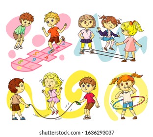 Kids yard active games and entertainment scenes flat set. Children jumping in hopscotch, through gum, on rope, twisting hoop. Happy childhood. Summer recreation. Vector cartoon illustration