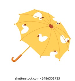 Kids yellow umbrella with cute ducks pattern. Open whimsical parasol with sweet ducklings and bent handle, childs accessory for autumn or spring walks in rainy weather cartoon vector illustration