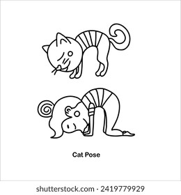 Kids yoga cat pose. Vector cartoon illustration