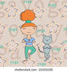 kids yoga with cat, vector