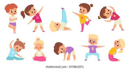 Kids yoga. Childish gymnastic poses, stretch and balance, children sport activity collection, happy flexible boys and girls in lotus meditation position and asana, vector isolated set