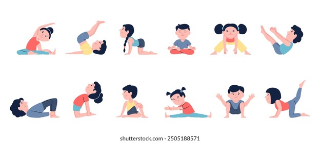 Kids yoga. Children doing yoga exercises, stretching pilates workout for child. Gymnastic sport training, baby fitness. Flat sporty recent vector characters