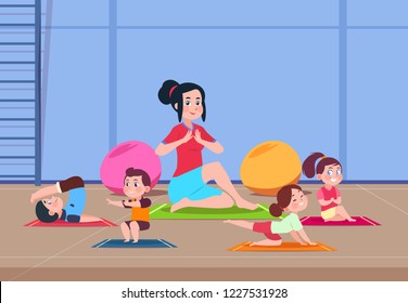 Kids In Yoga Class. Cartoon Children With Instructor Doing Yoga Exercises In Gym Interior. Healthy Lifestyle Vector Concept