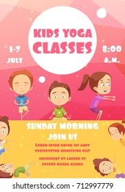 Kids yoga classes poster with advertising of training programs date and time flat vector illustration 