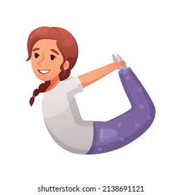 Kids yoga composition with isolated character of cartoon girl in bow pose on blank background vector illustration