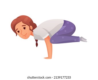 Kids yoga composition with isolated character of cartoon girl in crow pose on blank background vector illustration