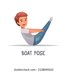 Kids yoga composition with text and isolated character of cartoon boy in boat pose vector illustration