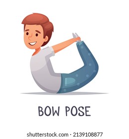 Kids yoga composition with text and isolated character of cartoon boy in bow pose vector illustration