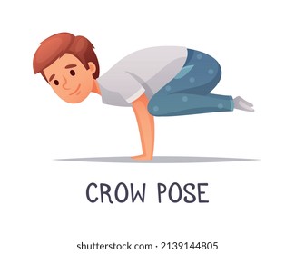 Yogakomposition von Kindern mit Text und abgeschlossenem Charakter des Cartoon-Jungen auf Krähen, Vektorgrafik