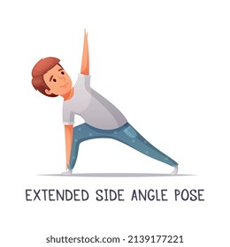 Kids yoga composition with text and isolated character of cartoon boy in extended side angle pose vector illustration