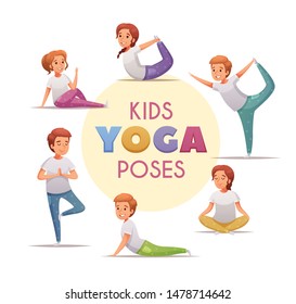 Kids yoga concept with yoga poses for boys and girls symbols cartoon  vector illustration