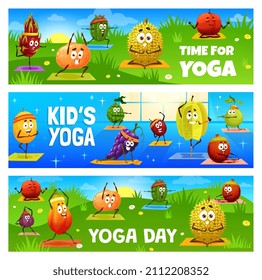 Kids yoga day and pilates fitness banners with cartoon tropical fruits characters. Children physical activity and sport exercises with guava and tangerine, papaya, durian and figs, feijoa fruits