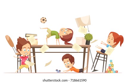 Kids yoga design concept with group of funny cute children playing in games room flat vector illustration