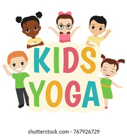 Kids yoga design concept with group of children.