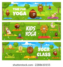 Kinder Yoga und Fitness-Klasse, Cartoon Nüsse Charaktere auf Yoga. Vektorbanner mit Mandeln, Kokosnuss, Pekan und Erdnuss, Nierenbohne, Brasilien oder Macadamia. Sonnenblumen- oder Kürbiskerne, Kaschu und Walnuss