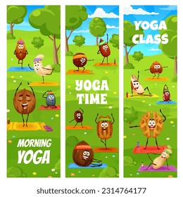 Kids yoga and fitness class, cartoon nuts characters on yoga. Vector banners with coffee or kidney bean, hazelnut, almond, coconut, pekan and peanut, brazil or macadamia. Sunflower or pumpkin seeds