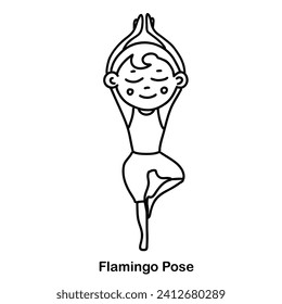 Kids yoga flamingo pose. Vector cartoon illustration.