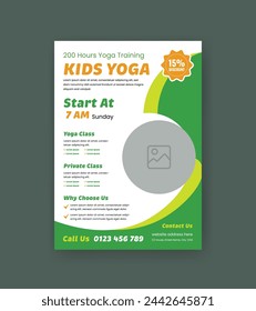 Kids Yoga Flyer. Modern Yoga Event Class Flyer for Meditation, Mindfulness, Workout, Etc. Abstract Shapes Suitable for Poster, Banner, Book Cover, Brochure, Social Media Posts, etc.