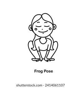 Kids yoga frog pose. Vector doodle illustration.