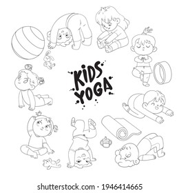 Kids Yoga. Funny cartoon character. Vector illustration. Coloring book