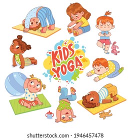 Kids Yoga. Funny cartoon character. Vector illustration. Isolated on white background