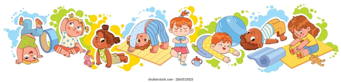 Kids Yoga. Funny cartoon character. Vector illustration. Seamless panorama. Isolated on white background