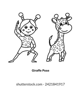 Kids yoga giraffe pose. Vector cartoon illustration