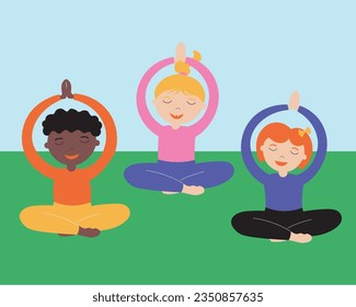 Kids yoga hand drawn vector illustration. Children in the lotus position are engaged in exercises, breathing practices, exercises, in fresh air. Sports and recreation at school, preschool development