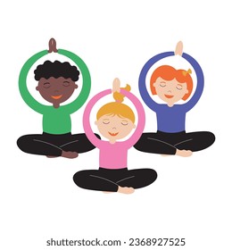 Kids yoga hand drawn vector flat illustration. Children in the lotus position are engaged in exercises, breathing practices, exercises. Sports and recreation at school, children's yoga and asana