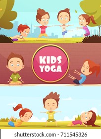 Kids yoga horizontal banners with cartoon images of children doing yoga exercises outdoors flat vector illustration