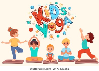 Kids Yoga Horizontal Banners Design Concept. Colorful kids yoga class