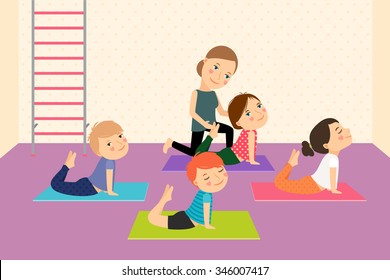 Kids yoga with Instructor. Sport lesson for children Vector illustration.