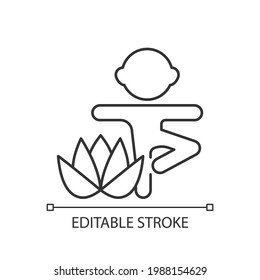 Kids yoga linear icon. Enhancing children mindfulness, concentration. Breathing techniques. Thin line customizable illustration. Contour symbol. Vector isolated outline drawing. Editable stroke