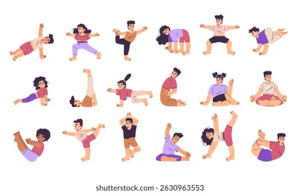 Kids yoga, modern flat style Explore our Dynamic Movement Poses Collection, ideal for engaging in various diverse activities yoga, vector illustration