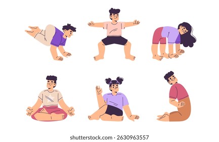 Kids yoga, modern flat style Explore our Dynamic Movement Poses Collection, ideal for engaging in various diverse activities yoga, vector illustration
