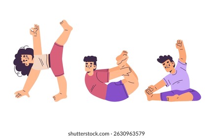 Kids yoga, modern flat style Explore our Dynamic Movement Poses Collection, ideal for engaging in various diverse activities yoga, vector illustration