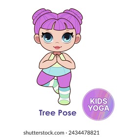 Kids yoga poses. Cartoon character for girls. Babydoll character. Vector illustration.