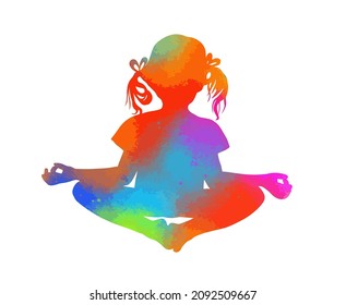 Kids Yoga Poses Vector Illustration. Multicolored Silhouette of a little girl. Yoga in the lotus position. Vector illustration