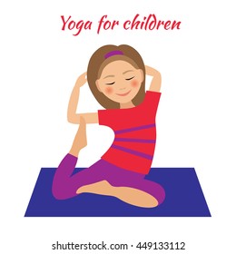 Kids Yoga Poses Vector Illustration. Child doing exercises. Posture for Kid. Healthy Children Lifestyle. Babies gymnastics. Sports girls on White Background. Oriental Meditation and Relaxation.