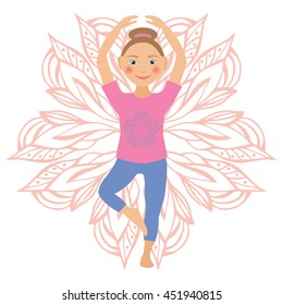 Kids Yoga Poses Vector Illustration. Child doing exercises. Posture for Kid. Healthy Children Lifestyle. Babies gymnastics. Sports girls on White Background. Oriental Meditation and Relaxation.