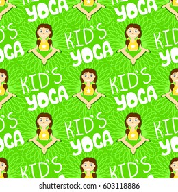 Kid's yoga. Seamless pattern with cute children play sports. Vector green background with mandala and baby. 